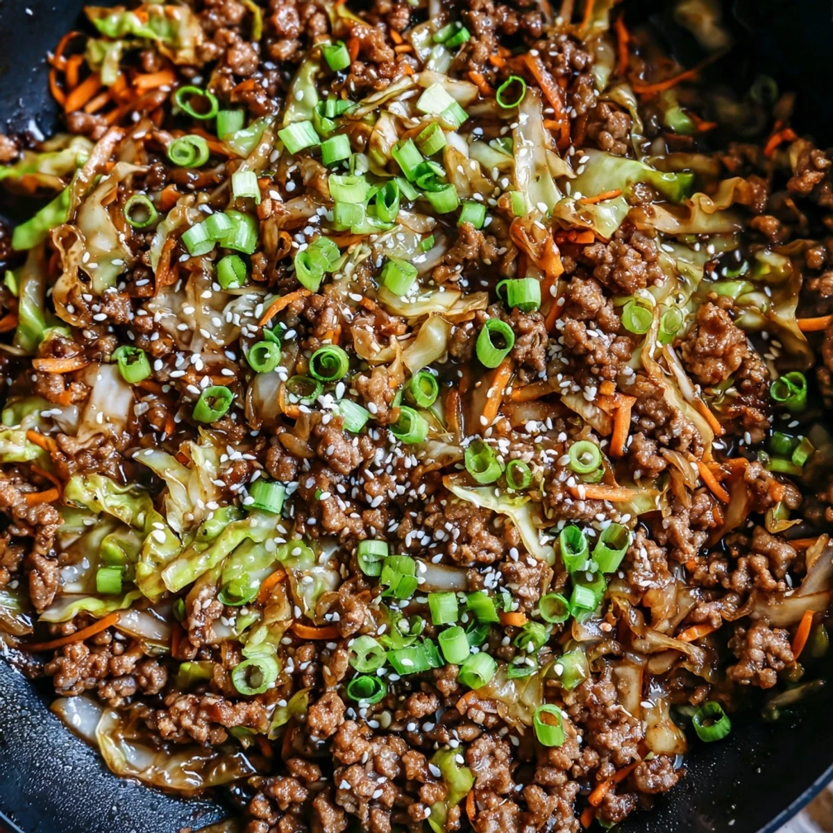 Sizzling one skillet egg roll in a bowl topped with sesame seeds and fresh green onion garnish