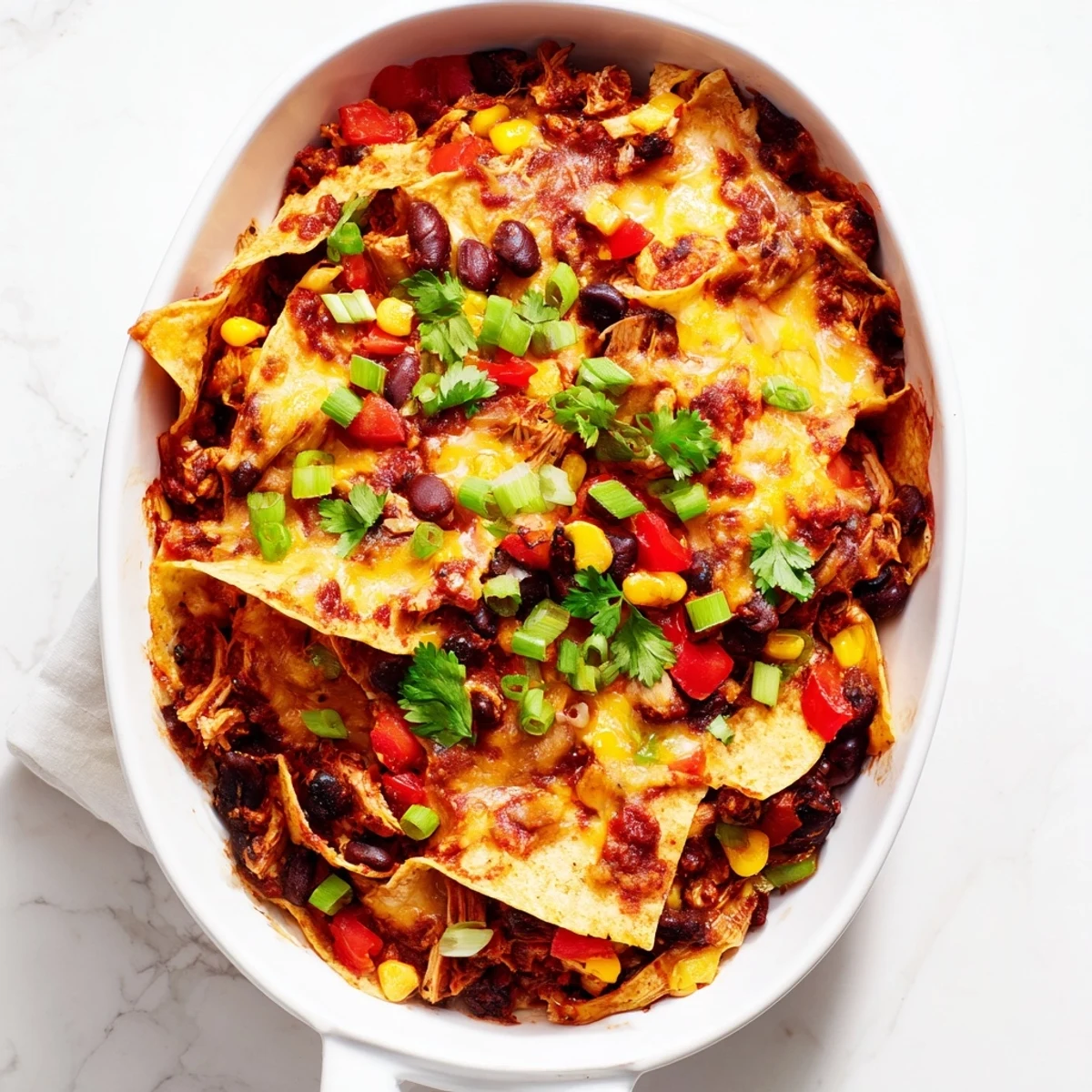 Crockpot chicken enchilada casserole with melted cheese and fresh cilantro garnish in a slow cooker