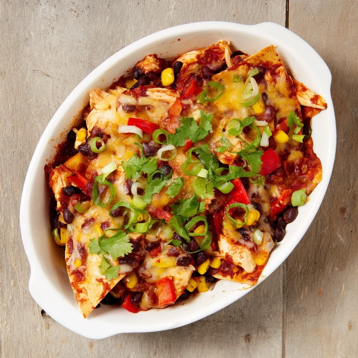 Layers of corn tortillas, tender shredded chicken, and vegetables in this slow cooker chicken enchilada casserole