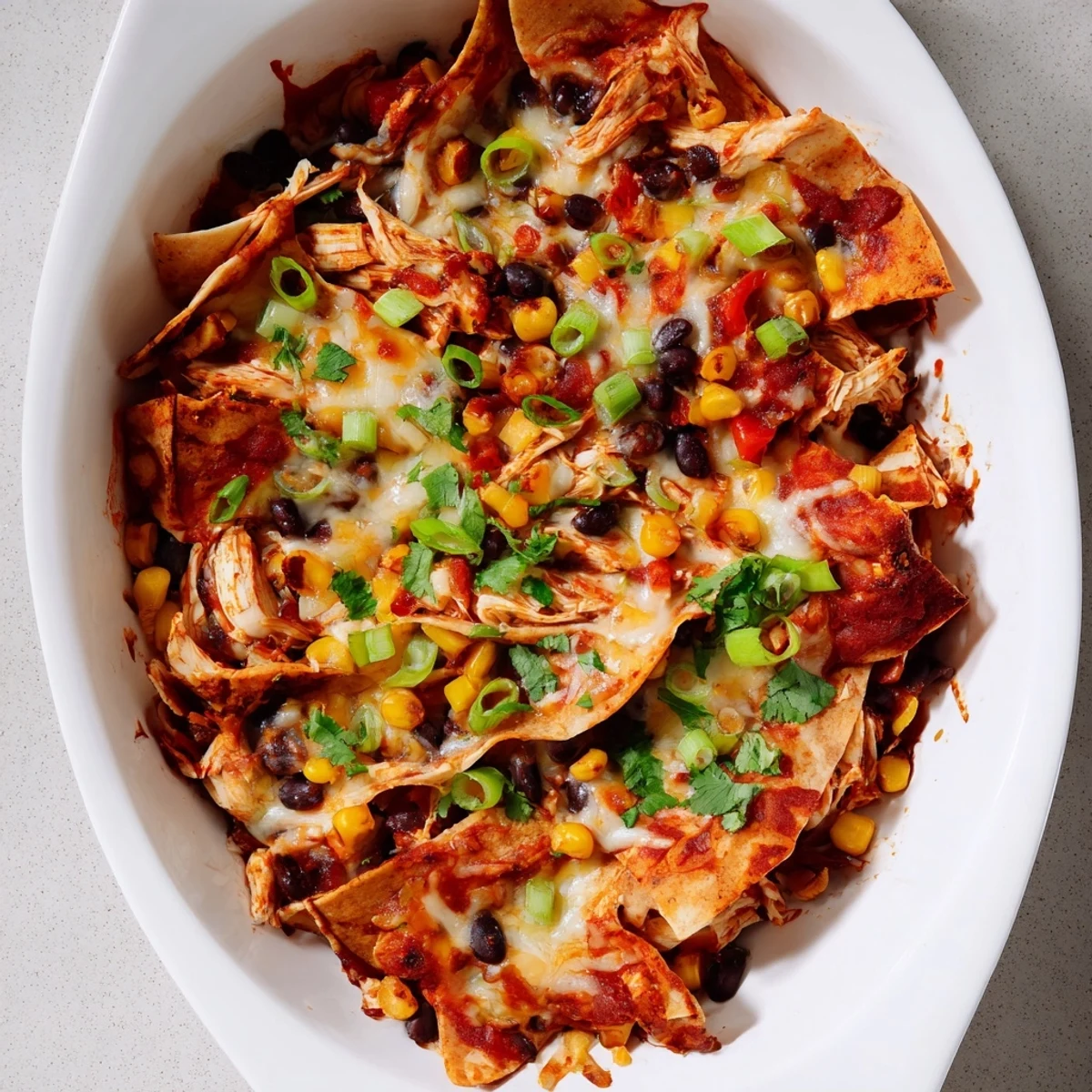 Spoonful of cheesy Crockpot chicken enchilada casserole topped with sour cream and green onions