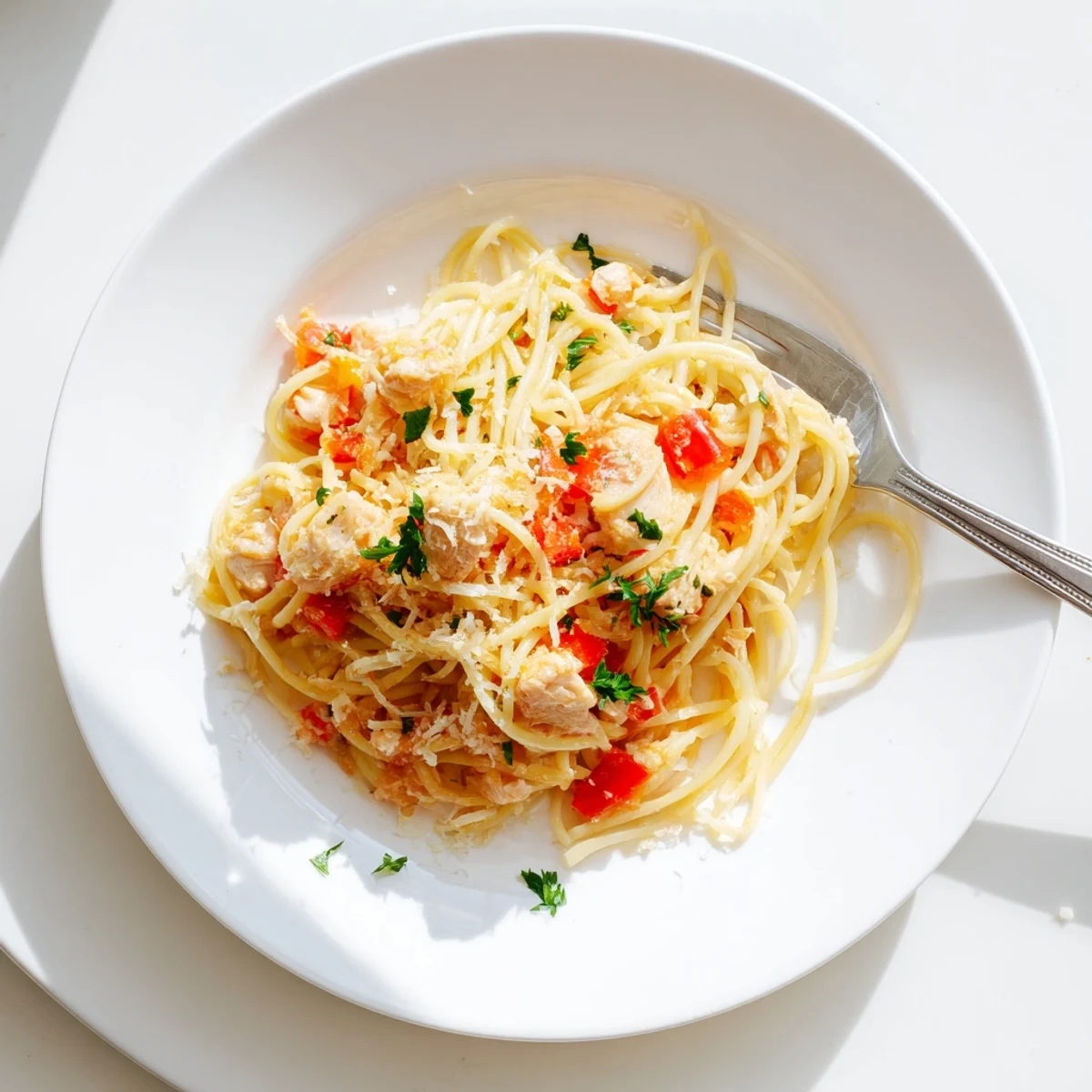 Savory Instant Pot Chicken Spaghetti featuring tender chicken pieces coated in rich tomato sauce with broken spaghetti noodles