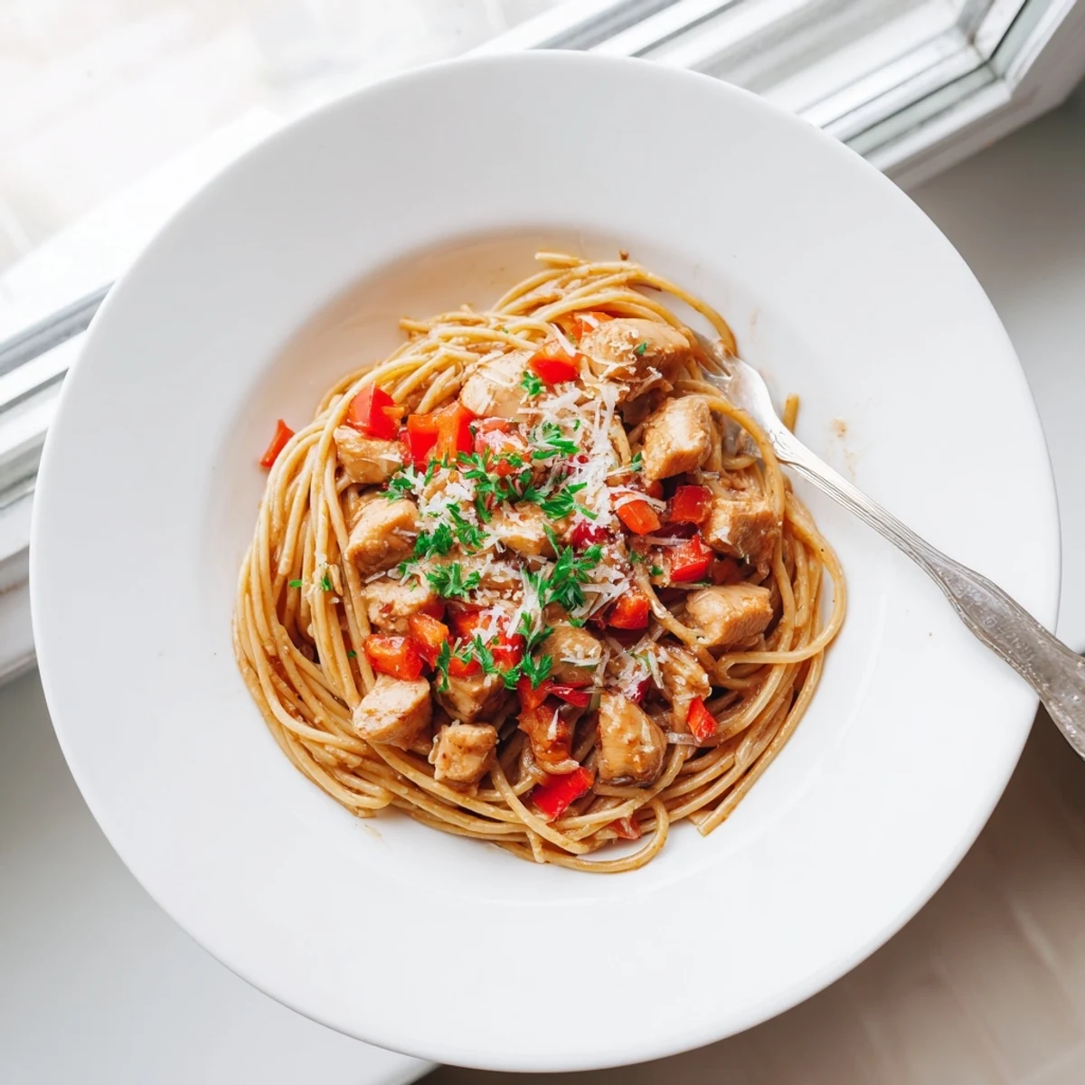Comforting Savory Instant Pot Chicken Spaghetti topped with melted Parmesan and fresh chopped parsley in a shallow bowl