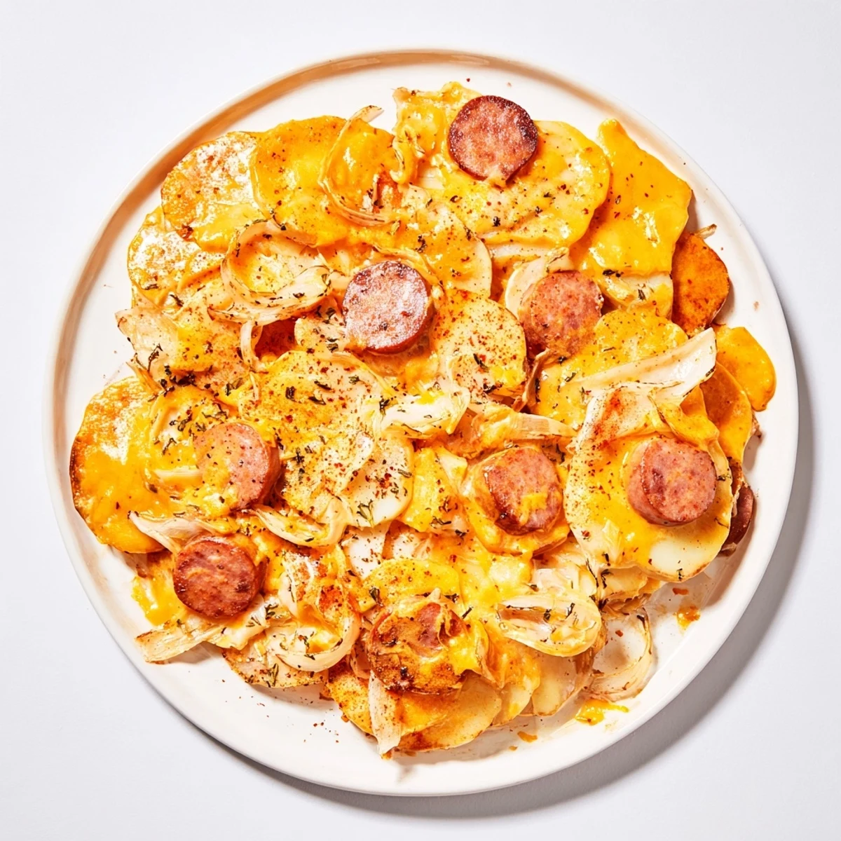 Golden slow cooker scalloped potatoes with melted cheddar and smoky kielbasa sausage slices