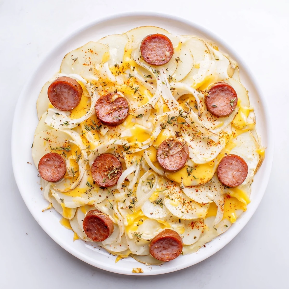 Hearty scalloped potatoes kielbasa dish featuring tender potato layers and rich cheese sauce