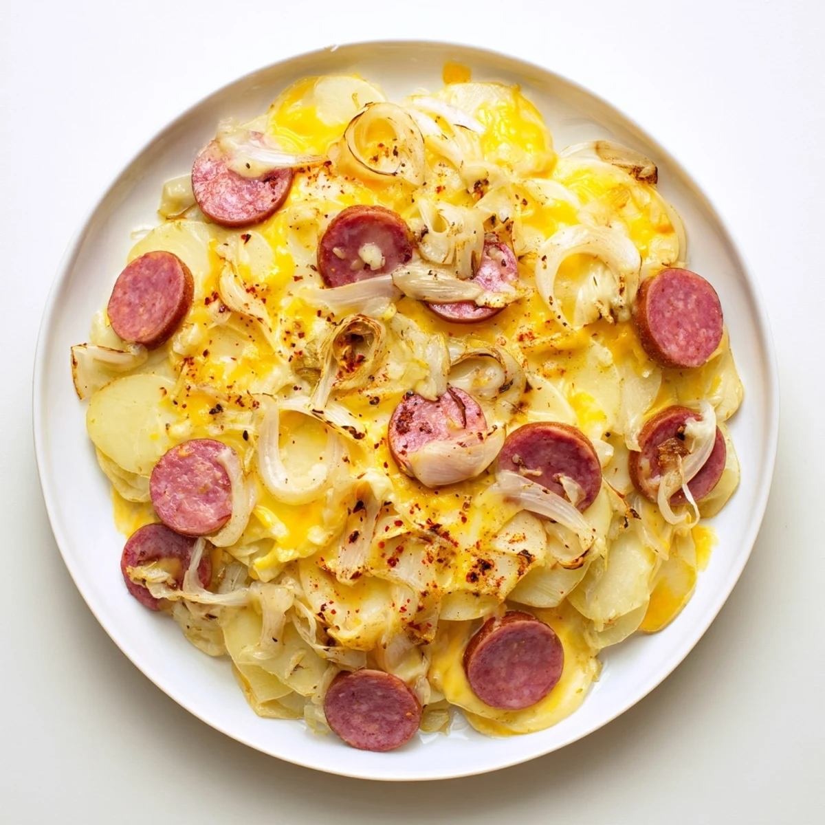Creamy layered scalloped potatoes kielbasa bubbling with cheese in a ceramic slow cooker
