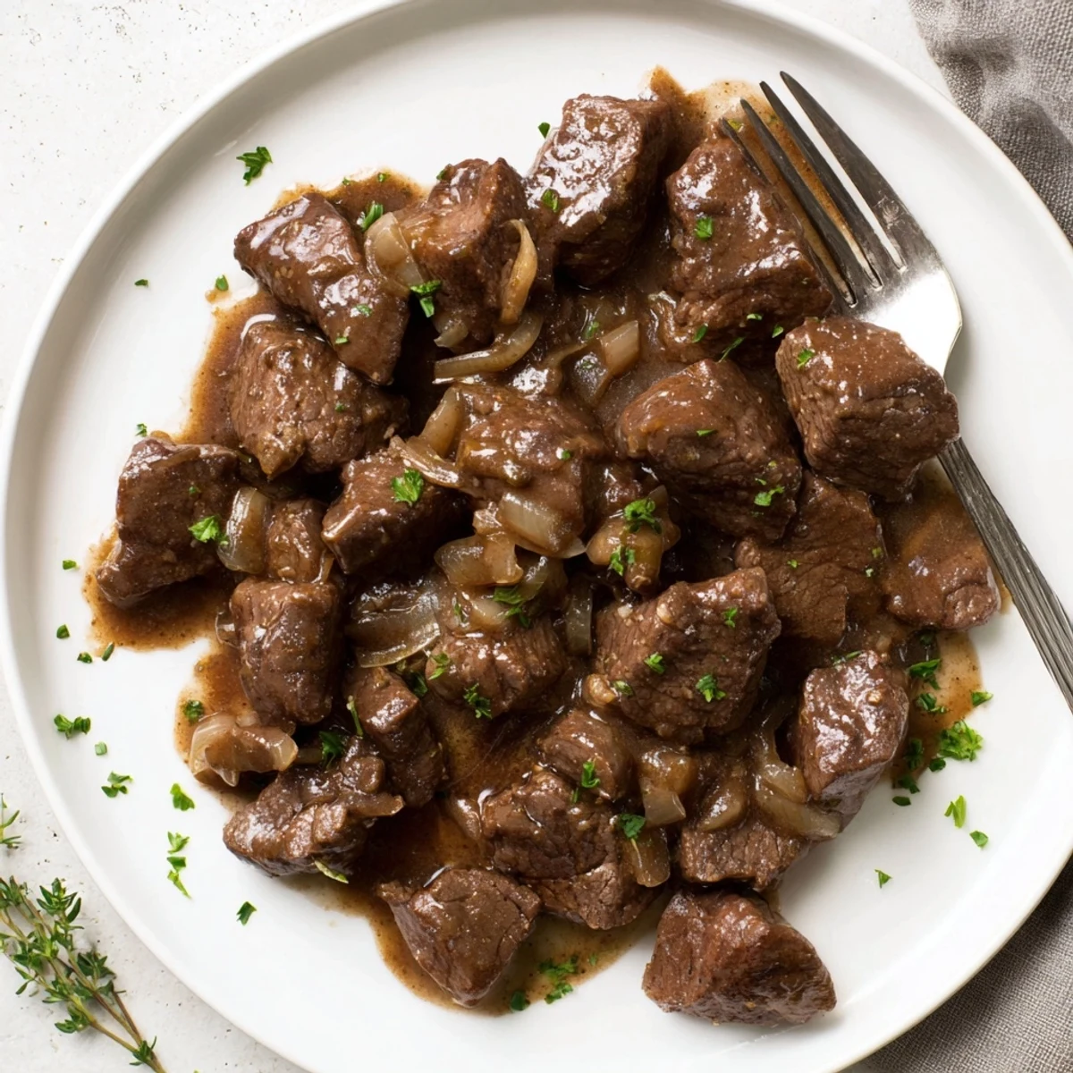Golden brown beef tips swimming in thick brown gravy after slow cooking for six hours