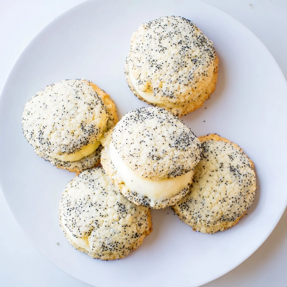 Golden lemon poppy seed cheesecake cookies with creamy centers and sugared tops