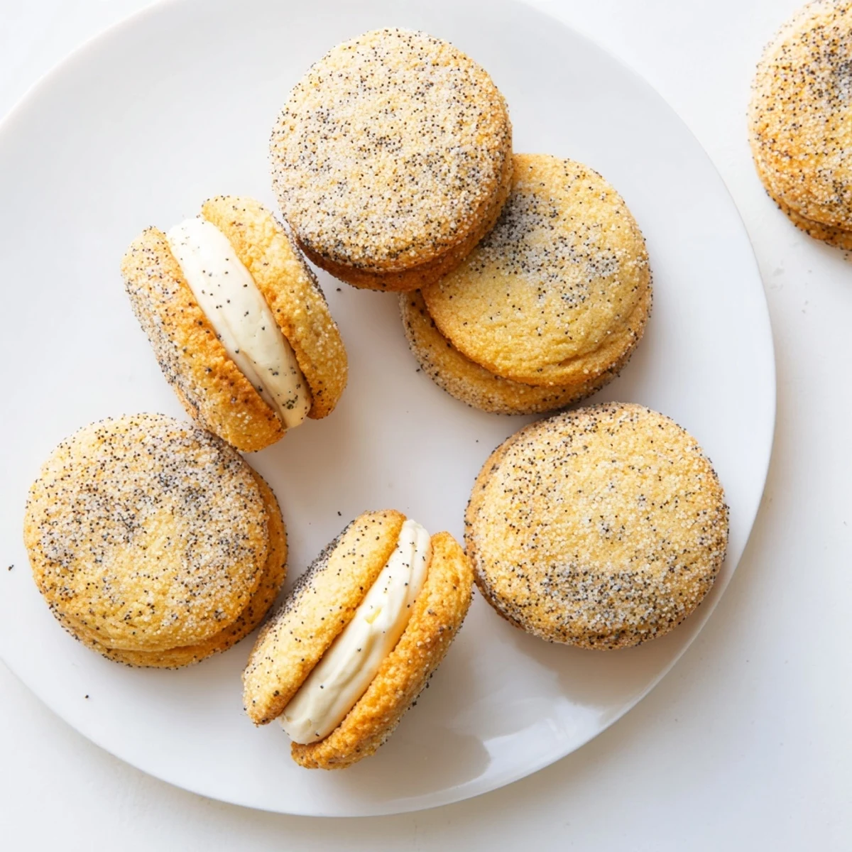 Soft baked lemon poppyLet me analyze the recipe and generate Golden lemon poppy seed cheesecake cookies with creamy centers and sugared tops