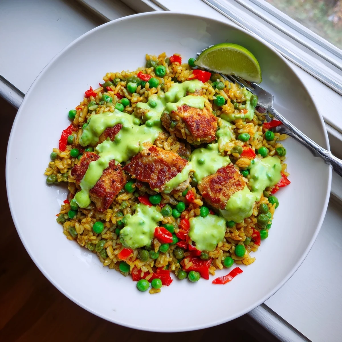 Savory chicken thighs nestled in cilantro rice topped with creamy Peruvian green sauce