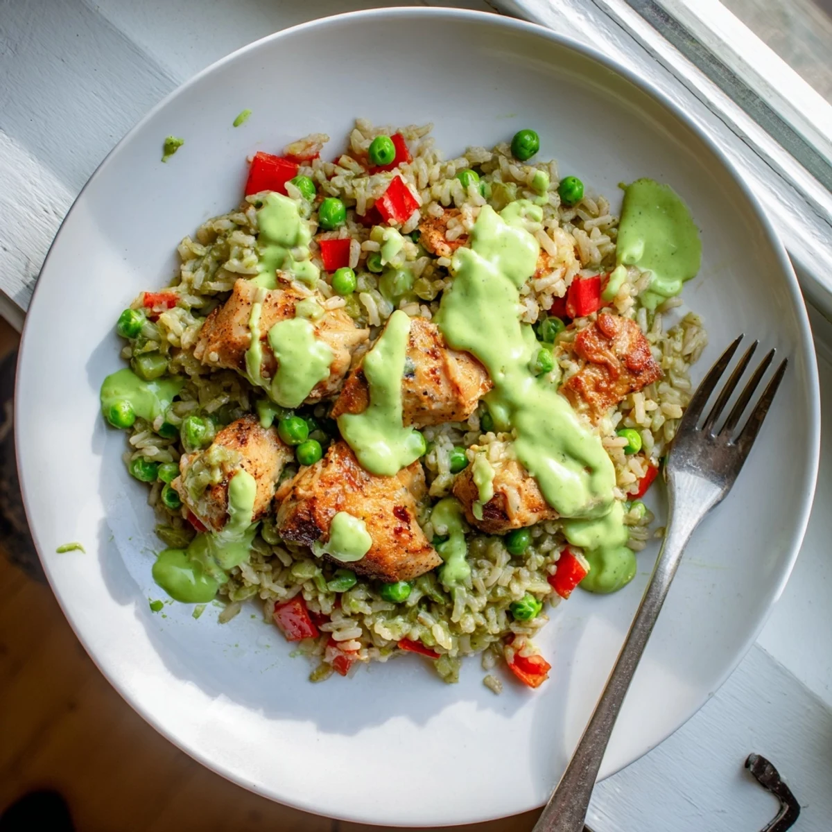 Golden Peruvian chicken rice plated with vibrant green sauce and fresh lime wedges