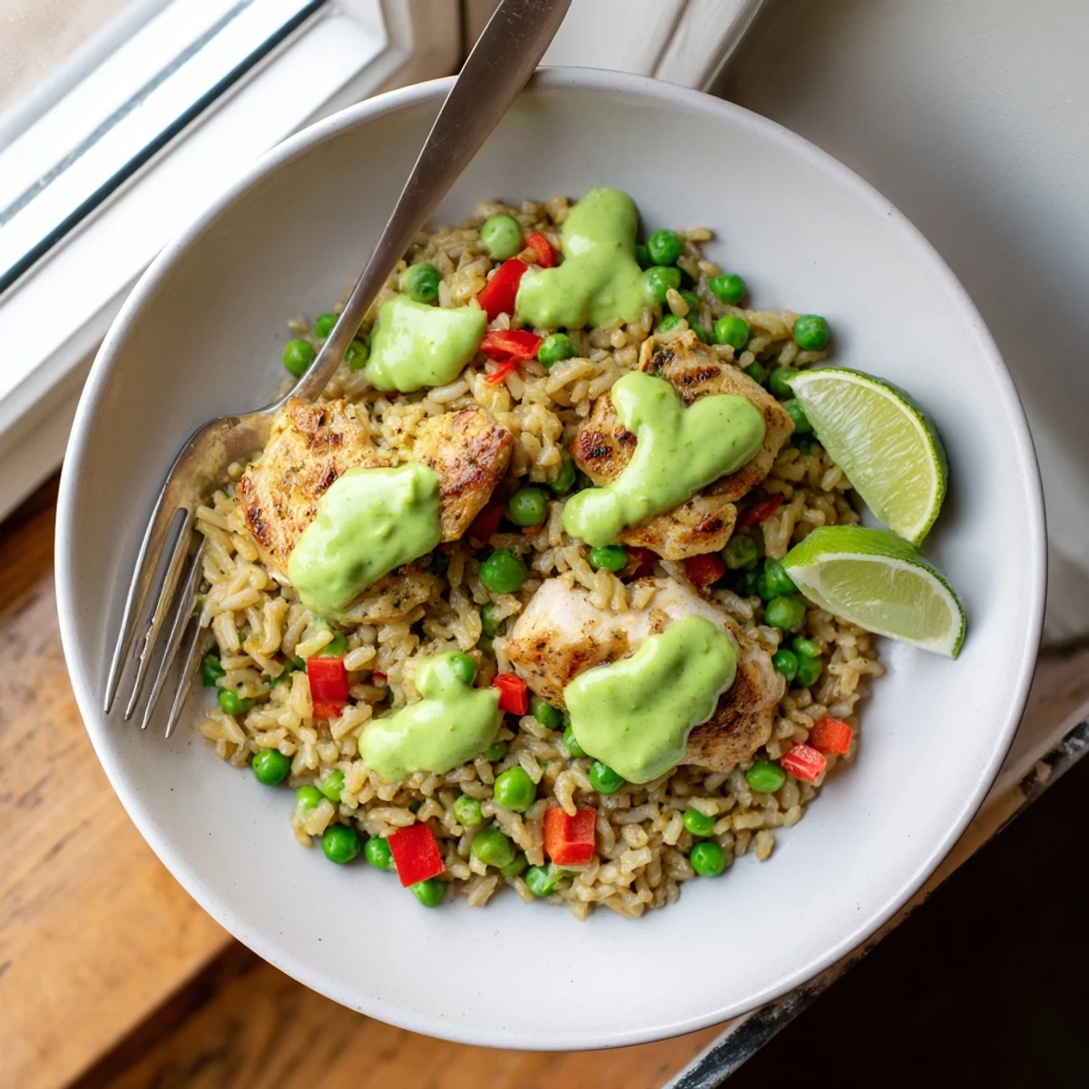 Hearty bowl of Peruvian chicken rice drizzled with zesty herb sauce and peas
