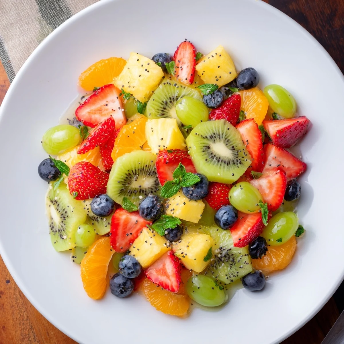 Refreshing Easter fruit salad displaying vibrant mixed spring fruits drizzled with honey lime dressing