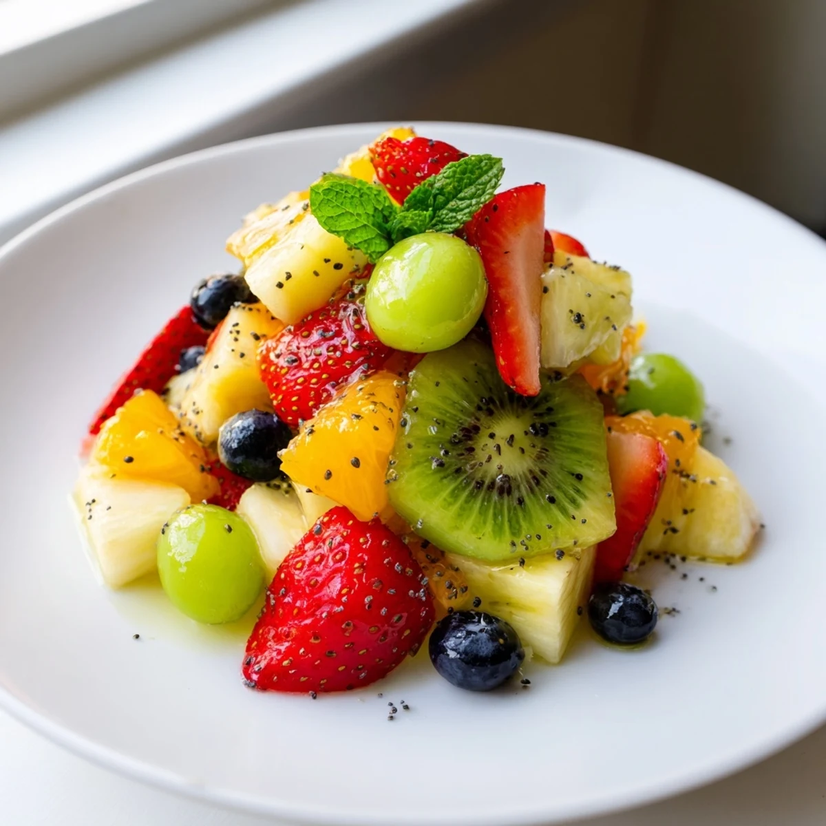 Easter fruit salad arranged in a glass serving dish featuring layered tropical fruits and poppy seed glaze