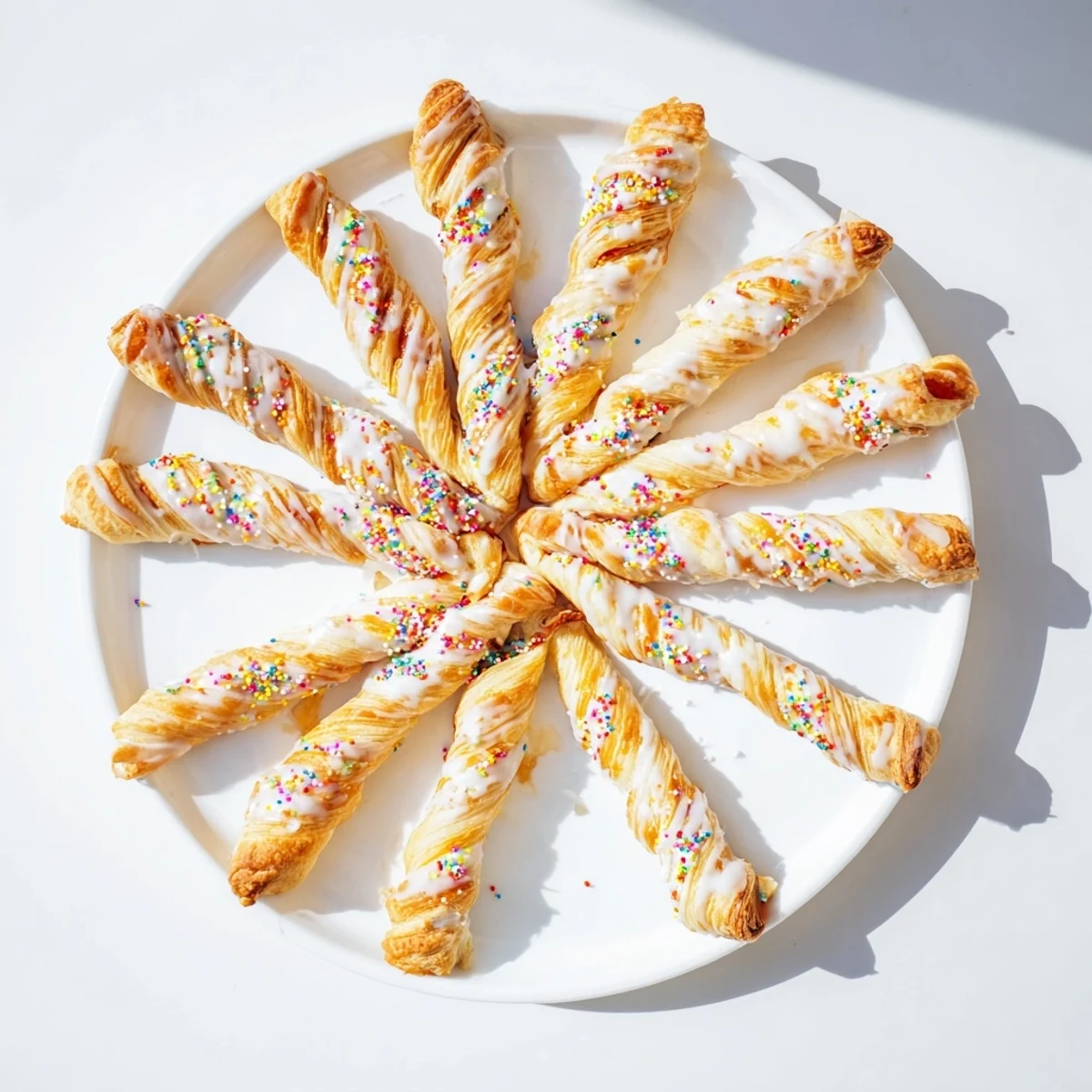 Golden Easter Bunny Twists drizzled with white icing and colorful sprinkles on a white plate