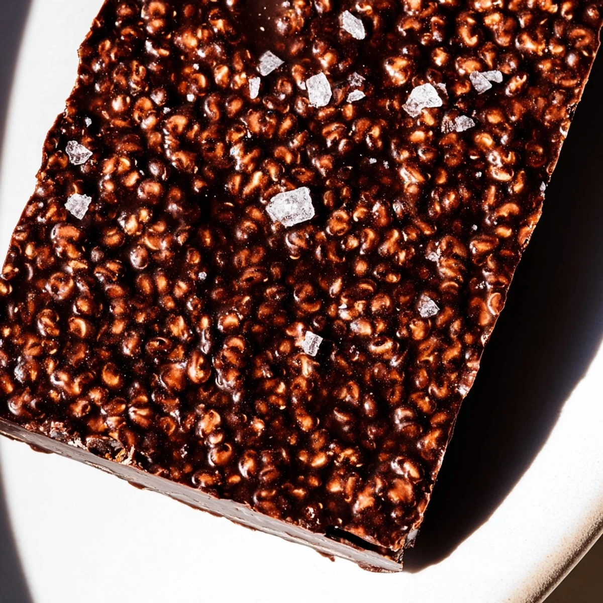 Golden dark chocolate quinoa crisps topped with sea salt on a white plate