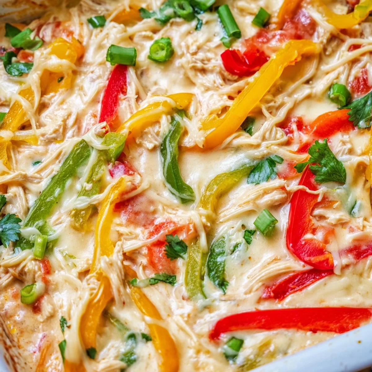 Comforting Tex-Mex chicken fajita casserole topped with shredded Mexican cheese and garnished with fresh cilantro