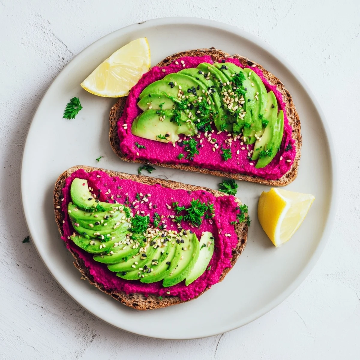 Golden avocado beet hummus toast layered with creamy spread and fresh green slices on whole grain bread