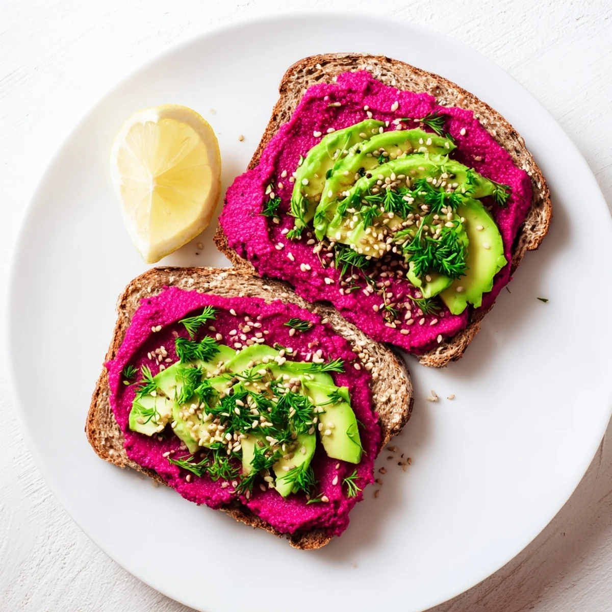 Vibrant open-faced avocado beet hummus toast topped with ripe avocado and sprinkled sesame seeds