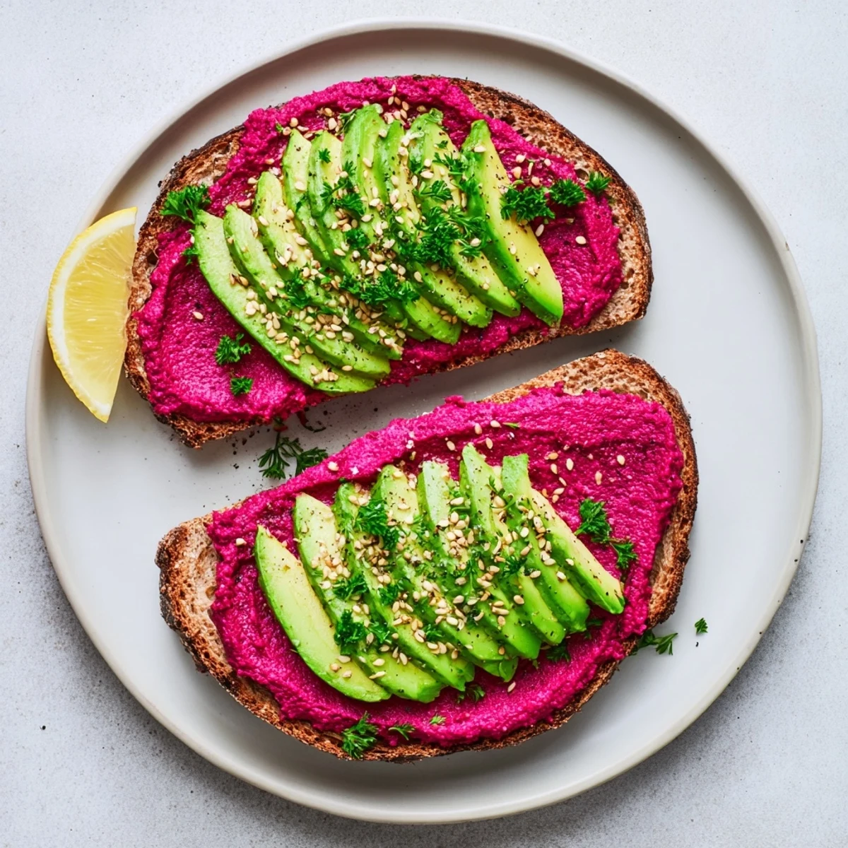 Crispy sourdough toast piled high with pink beet hummus and thinly sliced ripe avocado