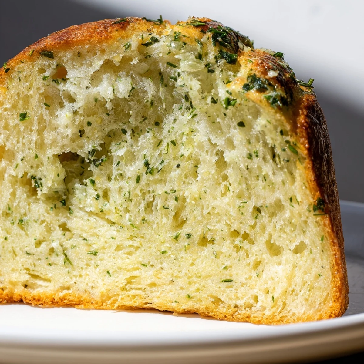 Golden garlic and herb bread loaf fresh from the oven with aromatic parsley and rosemary