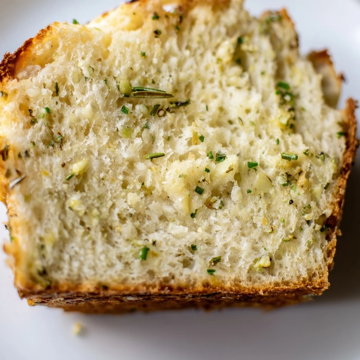 Warm slice of garlic and herb bread showing soft interior and golden herb-crusted crust