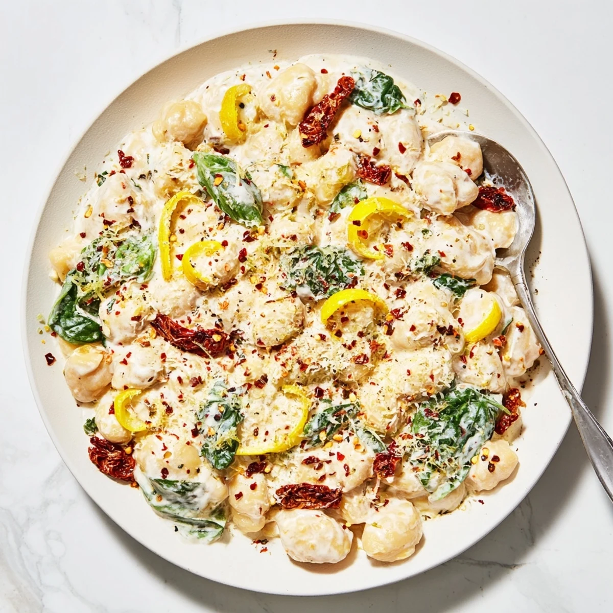 Creamy Marry Me Chickpeas simmered with sun-dried tomatoes, spinach, and fresh basil in a rich sauce