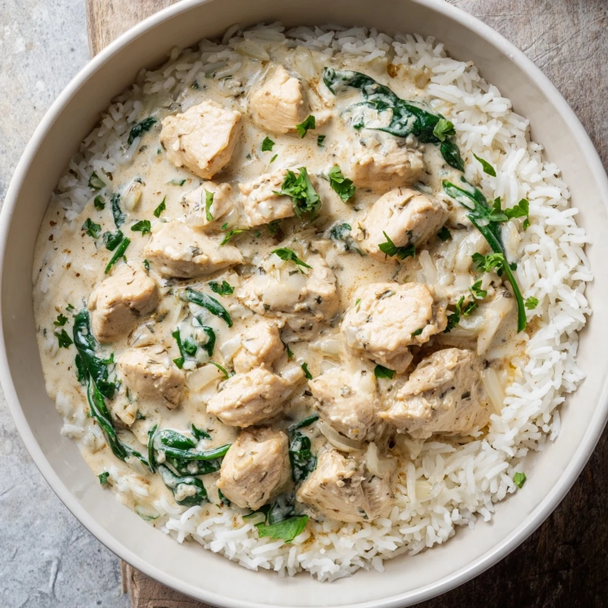 Golden chicken breasts nestled over creamy parmesan rice in this comforting one pot angel chicken bake
