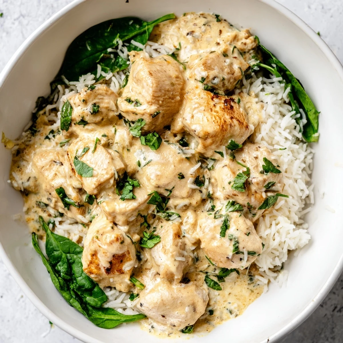 Steaming one pot angel chicken dinner with juicy baked chicken over rich rice and spinach