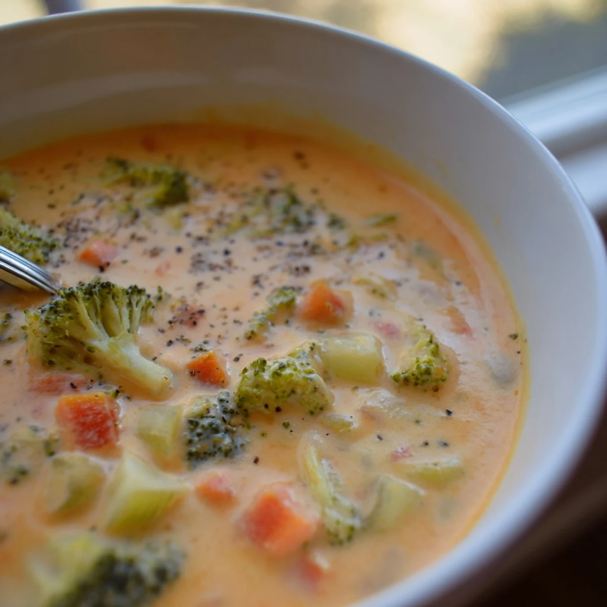 Creamy slow cooker broccoli cheddar soup in a white bowl garnished with shredded cheddar