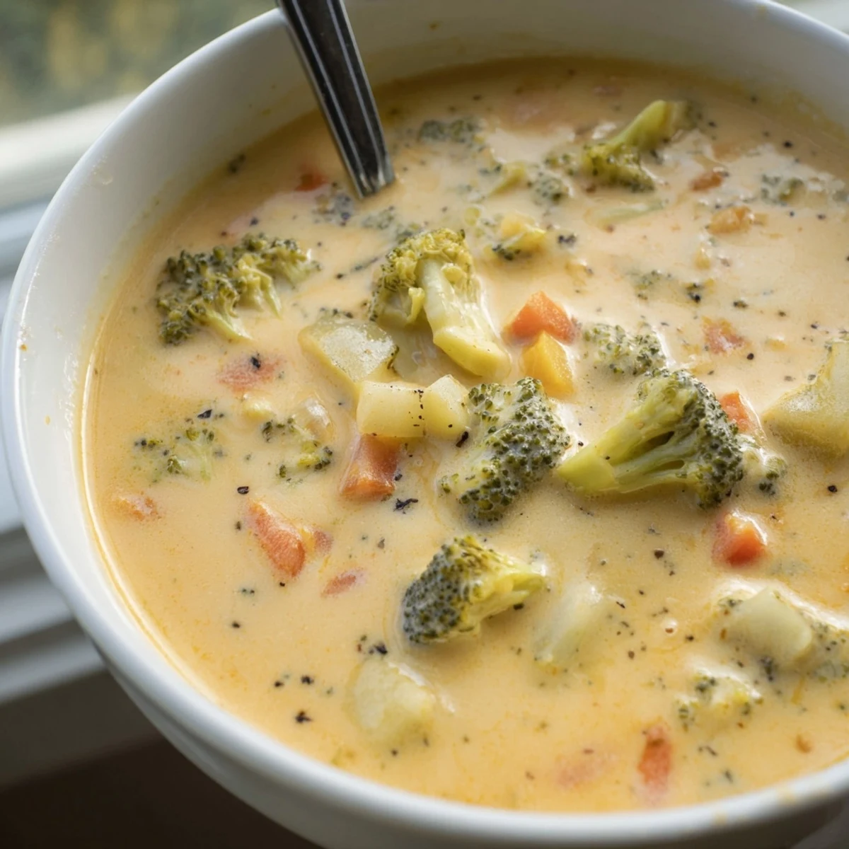 Golden slow cooker broccoli cheddar soup ladled into bowls with crusty bread on the side