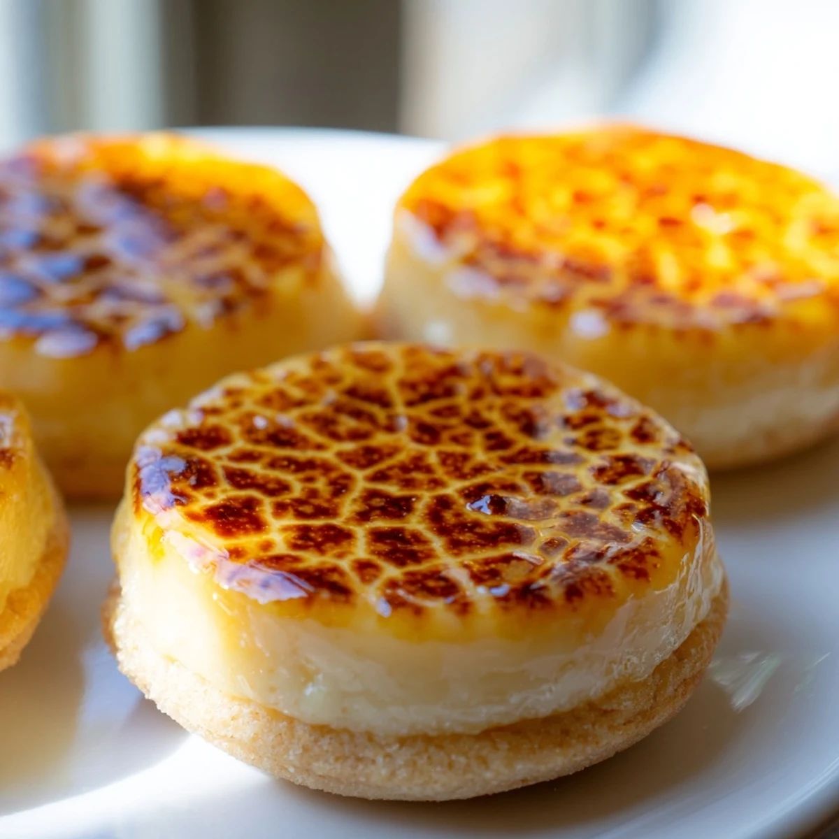Buttery shortbread cookies topped with custard and torched caramel sugar, ready for serving