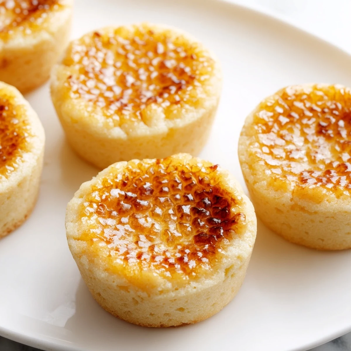 Golden crème brûlée shortbread cookies with crackled caramelized sugar tops on white plate