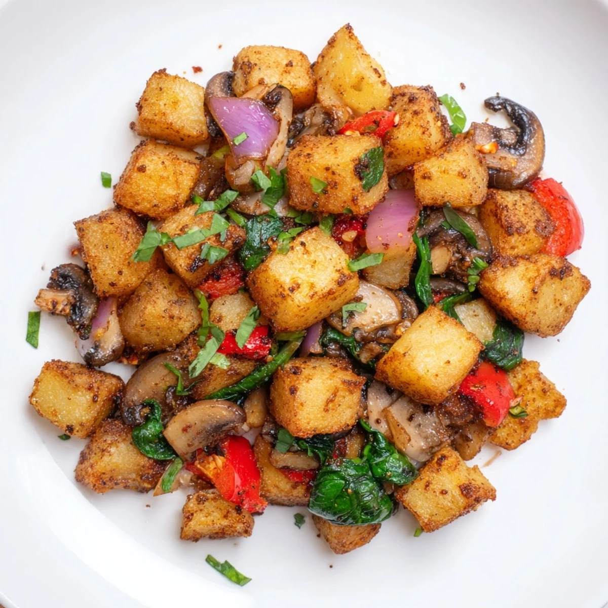Steaming plate of hearty vegan breakfast hash topped with fresh parsley and roasted vegetables