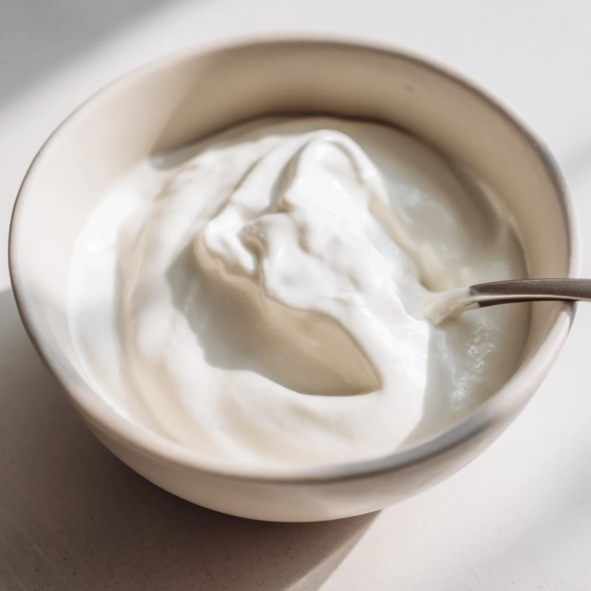 Thick creamy Greek yogurt spooned into a glass jar with granola and fruit garnish