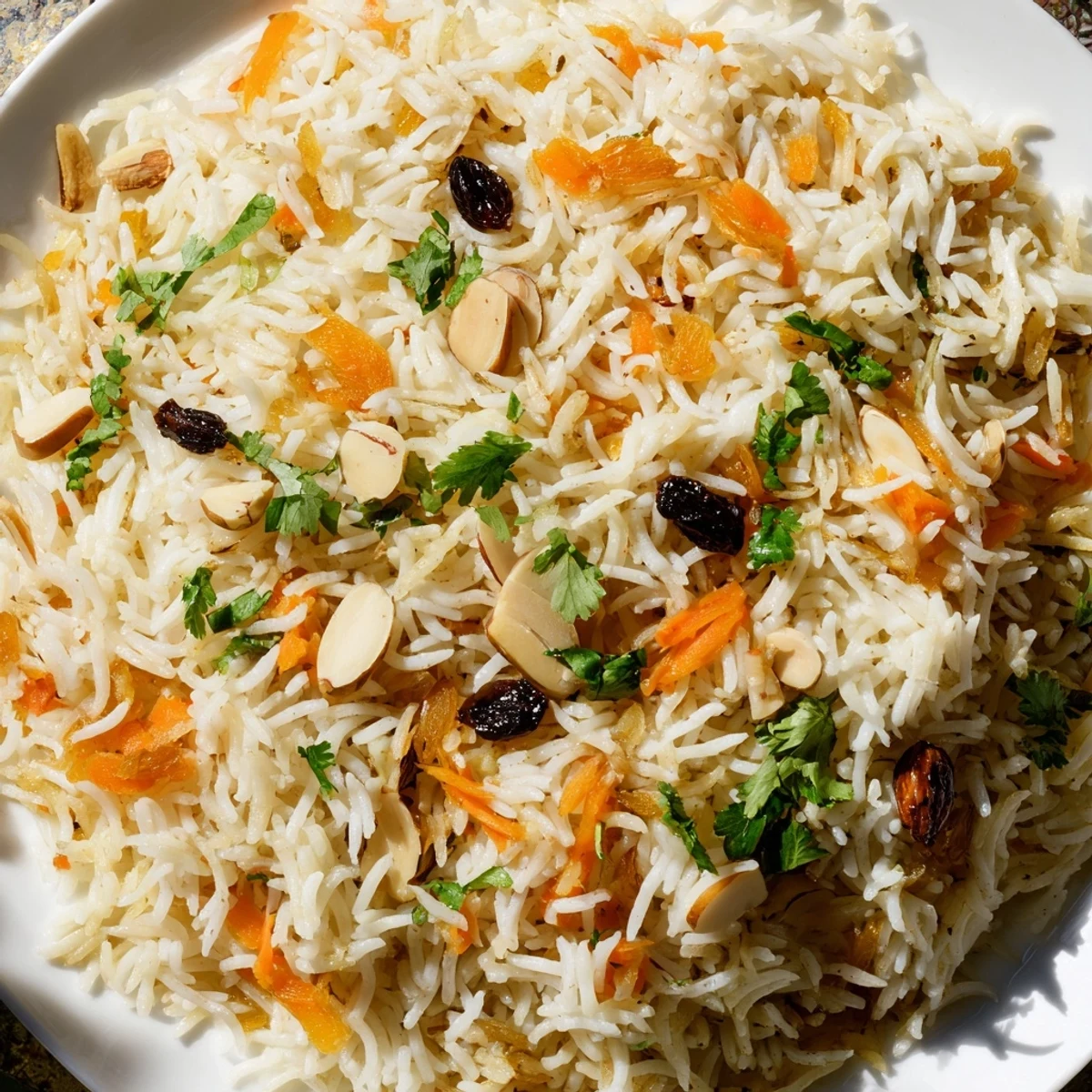 Golden Afghan rice topped with caramelized carrots, plump raisins, and fragrant whole spices
