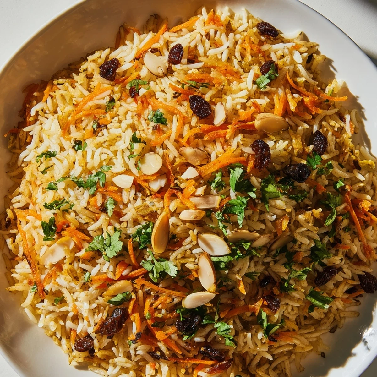 Fluffy Afghan rice studded with sweet raisins and toasted almonds in a warming spice blend