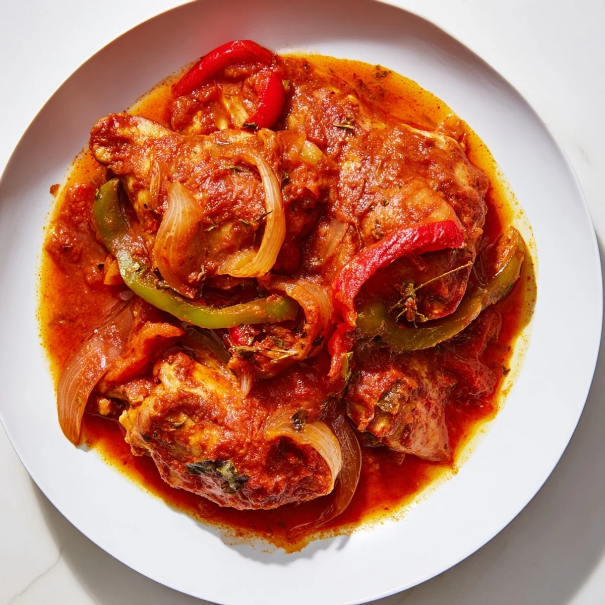 Golden Senegalese chicken simmered in rich tomato sauce with colorful bell peppers