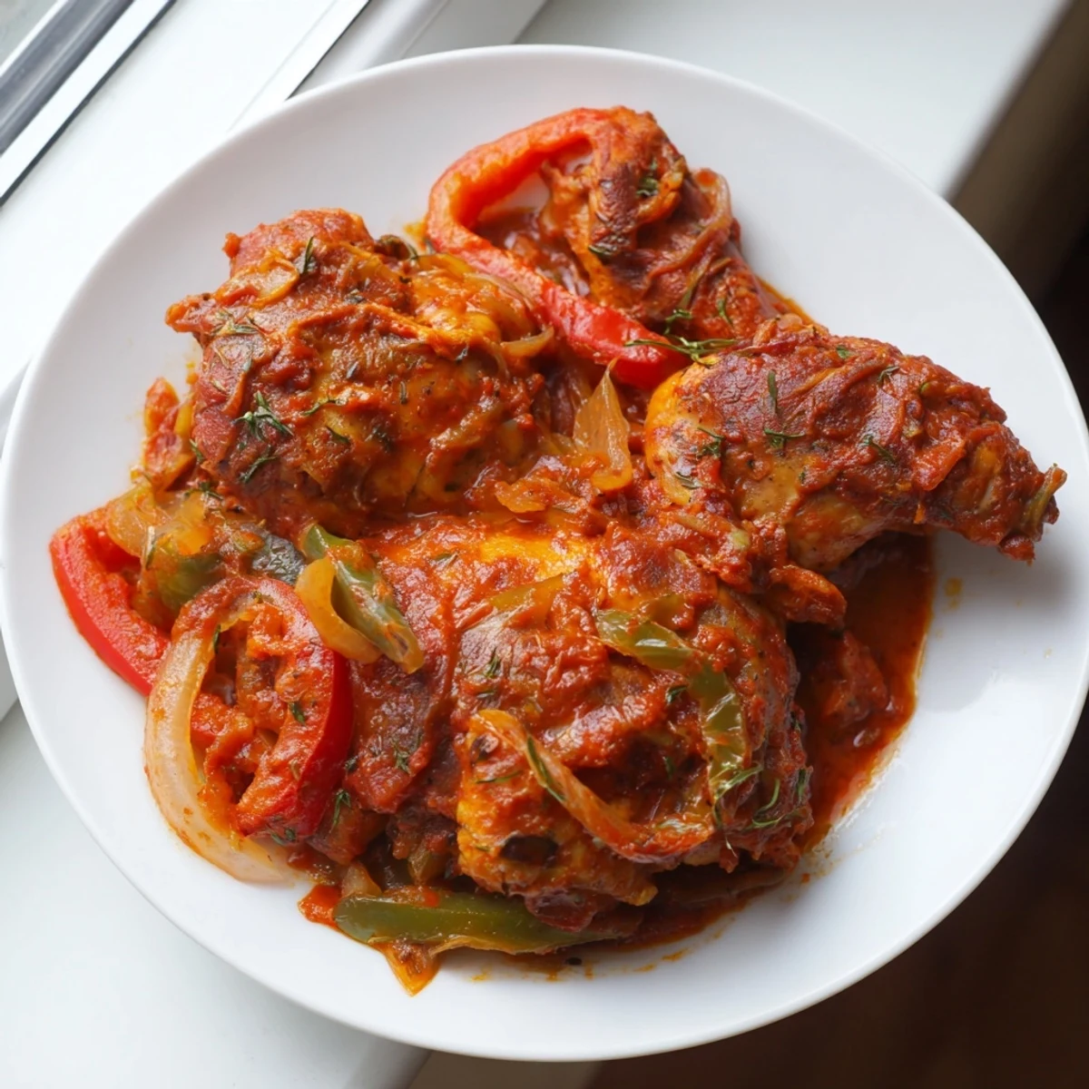 Tender Senegalese chicken pieces nestled in aromatic spiced tomato onion stew