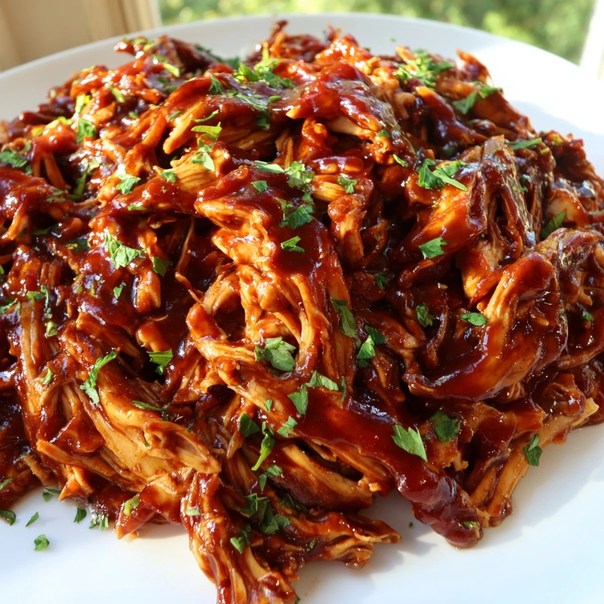 Tender Sweet Baby Ray's Crockpot Chicken glistening with rich, sticky barbecue sauce on a white plate