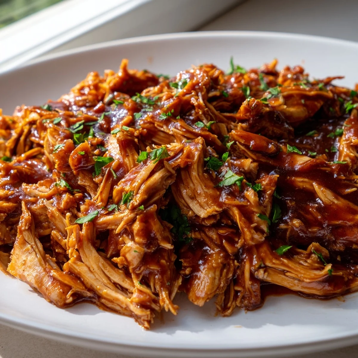Juicy shredded Sweet Baby Ray's Crockpot Chicken piled high on a toasted brioche bun