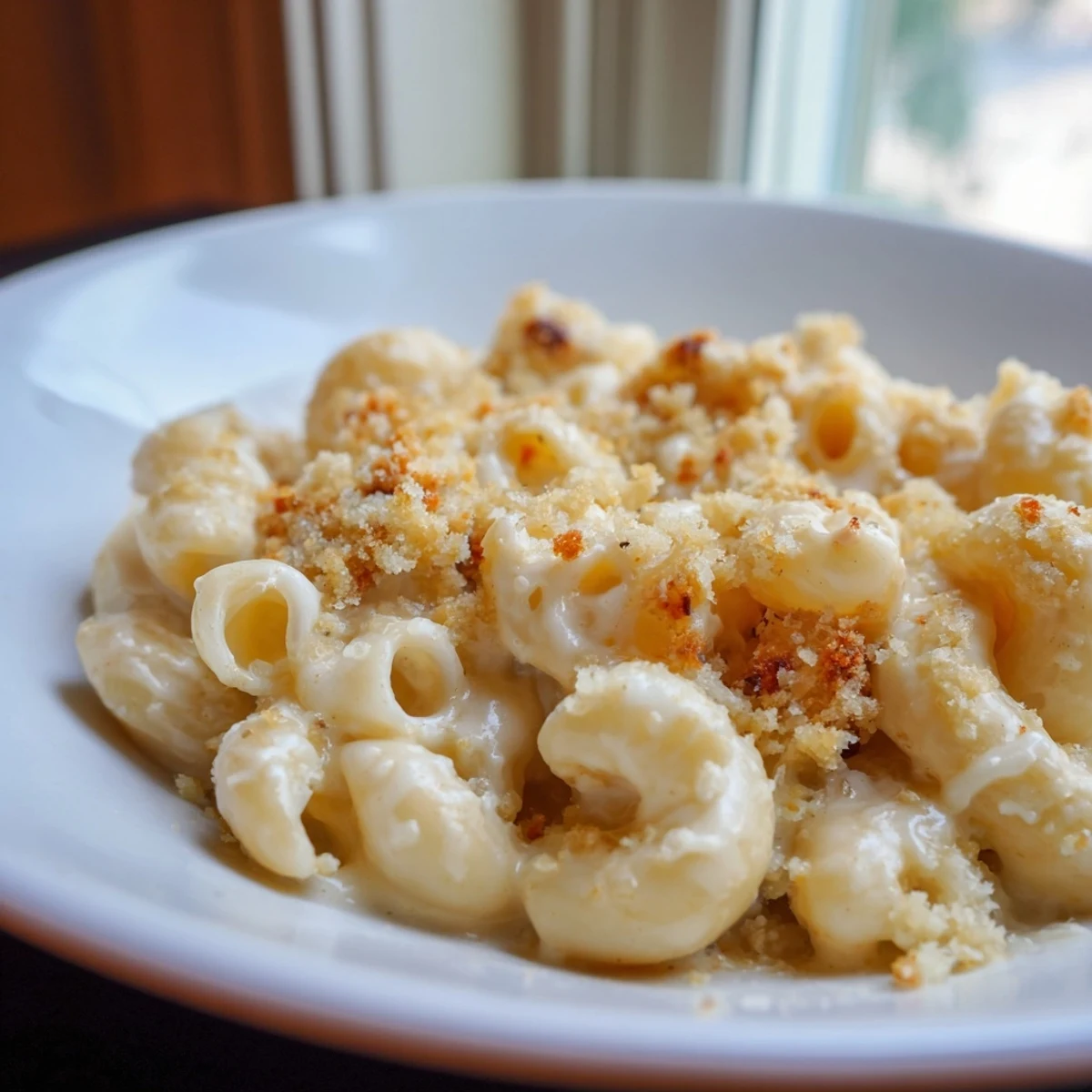 Golden three cheese baked macaroni with crispy panko topping served steaming in casserole dish