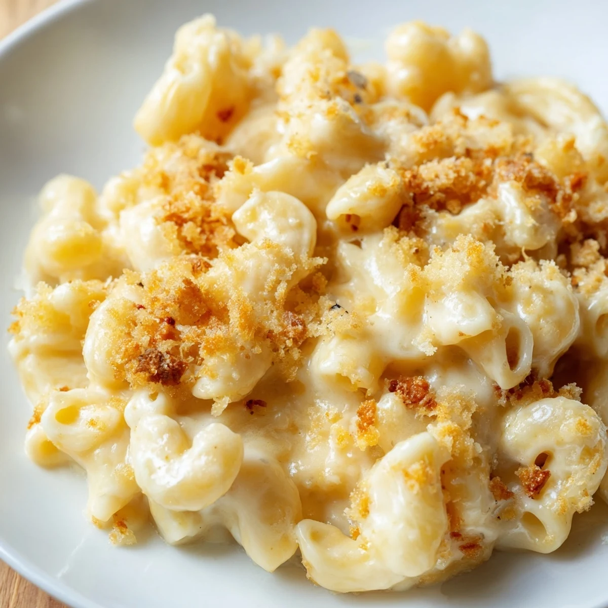 Creamy three cheese baked macaroni bubbling under melted mozzarella and sharp cheddar blanket