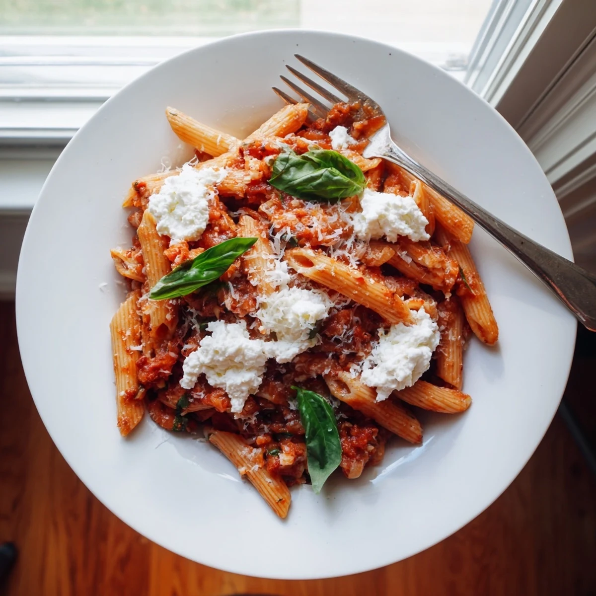 Creamy Tomato Garlic Ricotta Penne topped with fresh basil leaves and Parmesan cheese