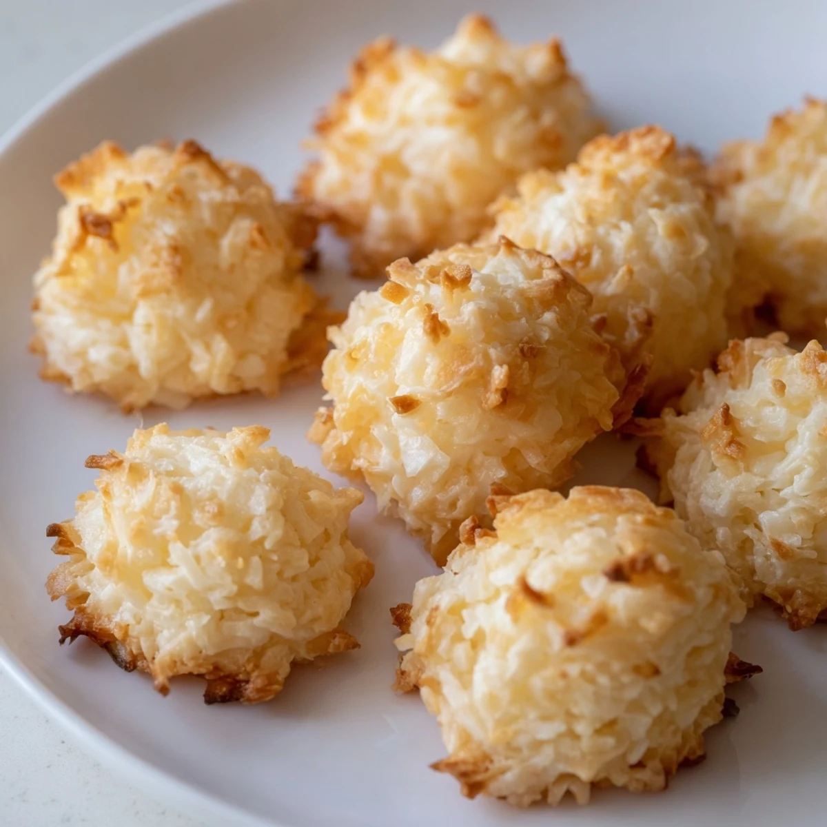 Golden Chewy Coconut Macaroons with crispy edges and soft centers on a white plate