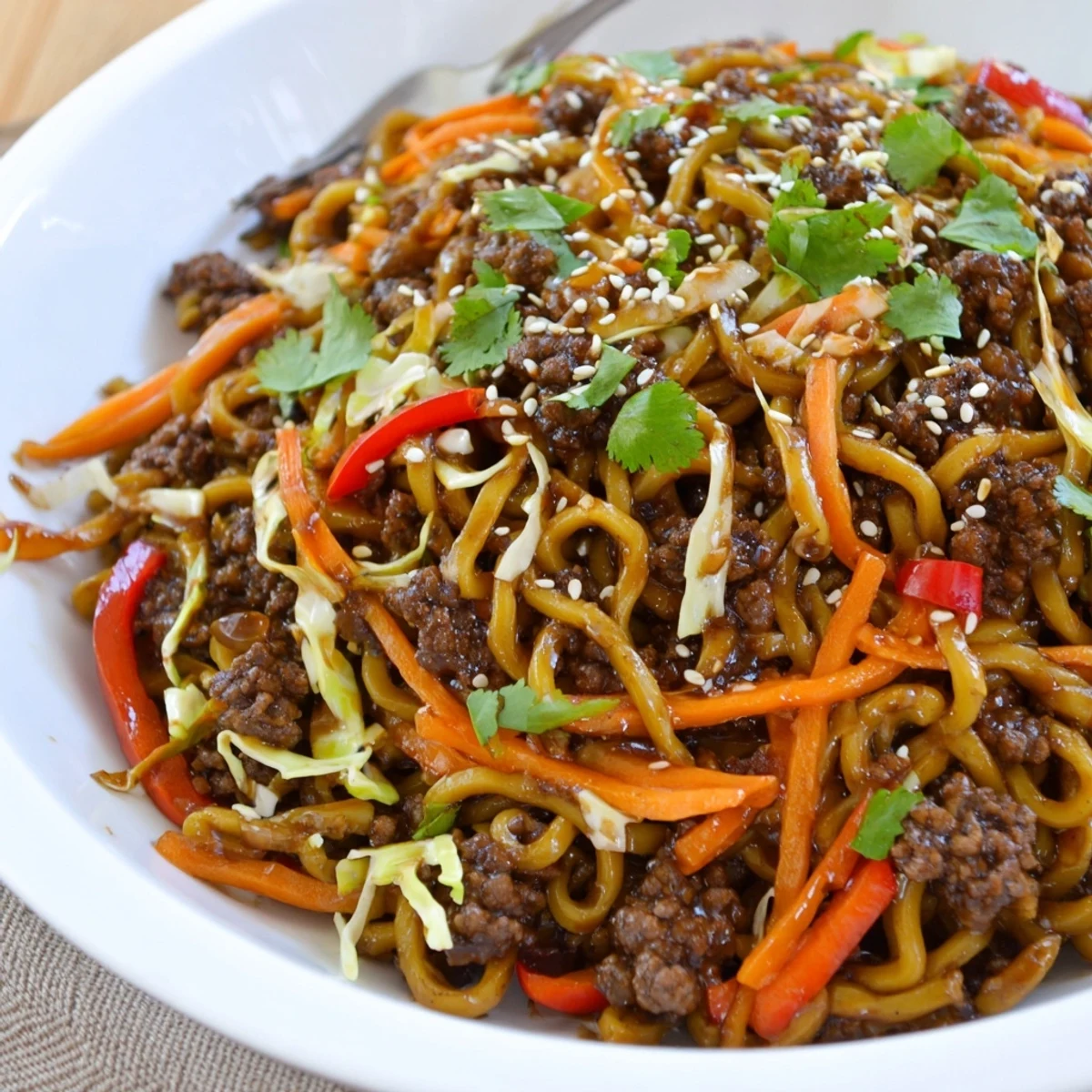 Steaming bowl of Asian ground beef noodles topped with sesame seeds and fresh cilantro.