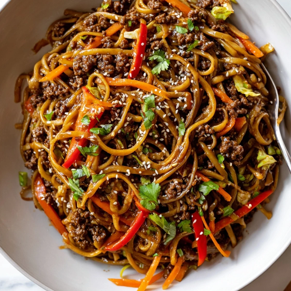Tender Asian ground beef noodles tossed with colorful vegetables in a glossy sauce.
