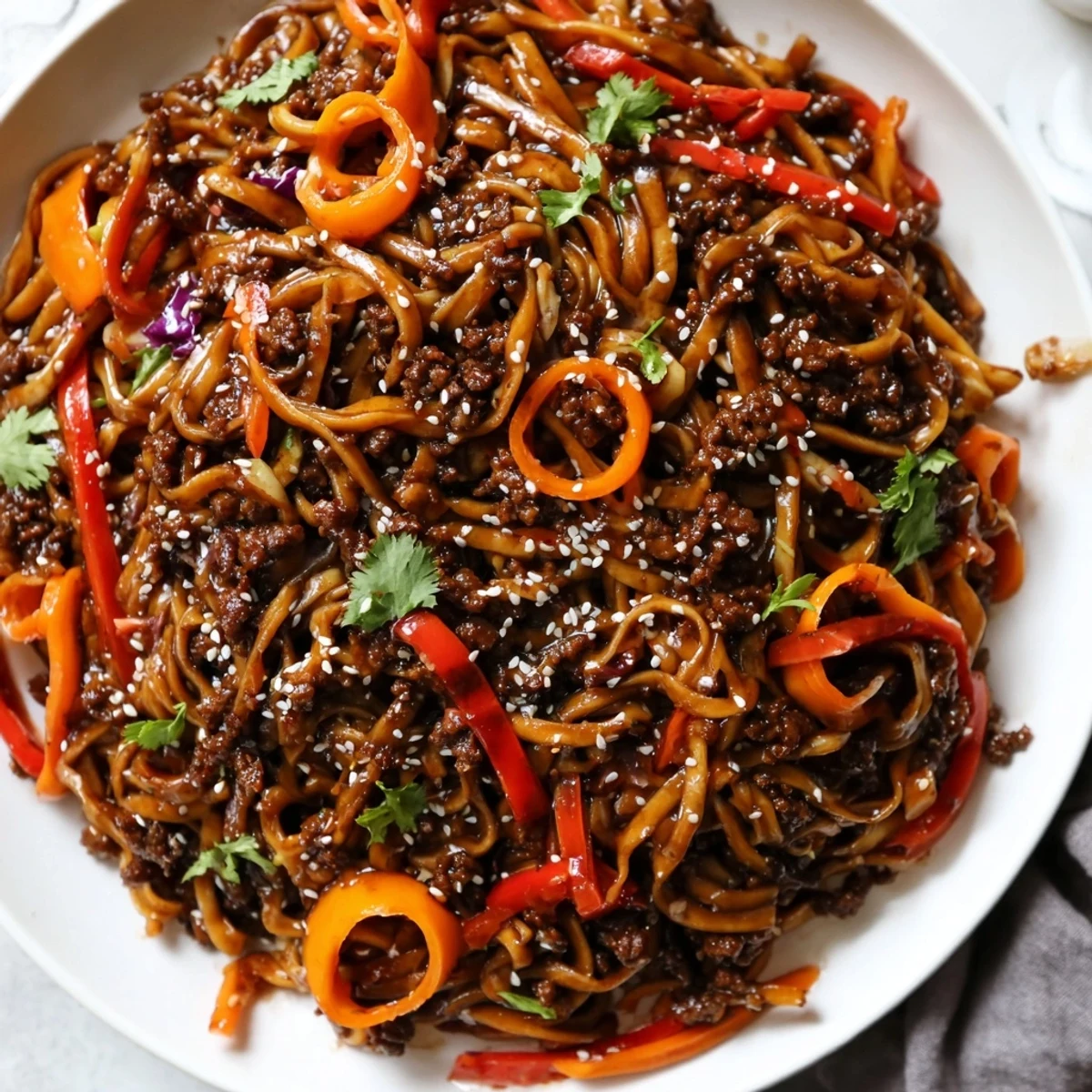 Savory Asian ground beef noodles coated in rich sauce with julienned carrots and bell peppers.