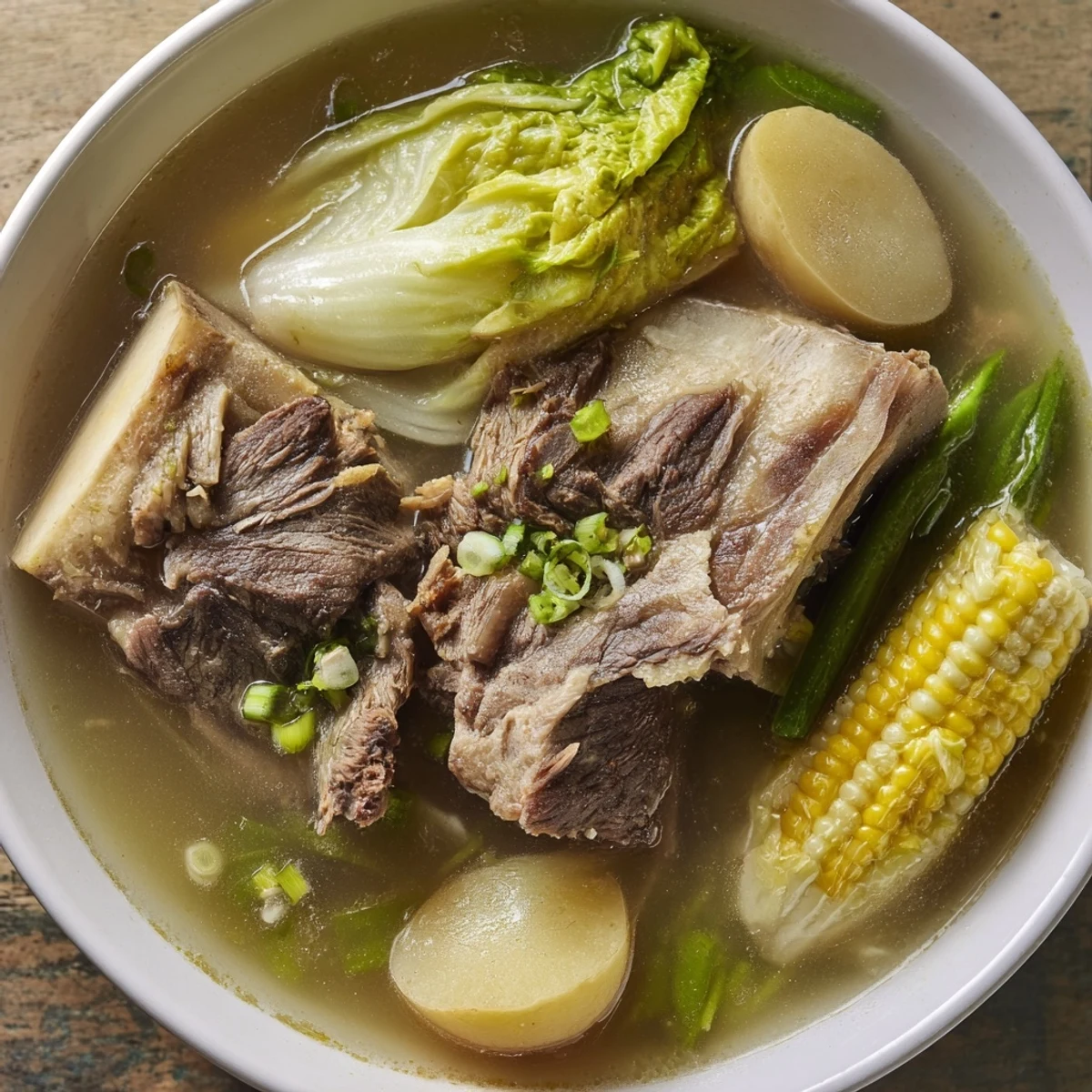 Hearty Filipino Bulalo beef shank soup with corn, cabbage, and clear broth