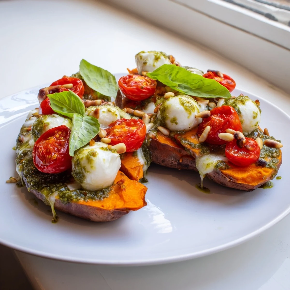 Roasted summer sweet potatoes topped with melted mozzarella, red tomatoes, and green pesto