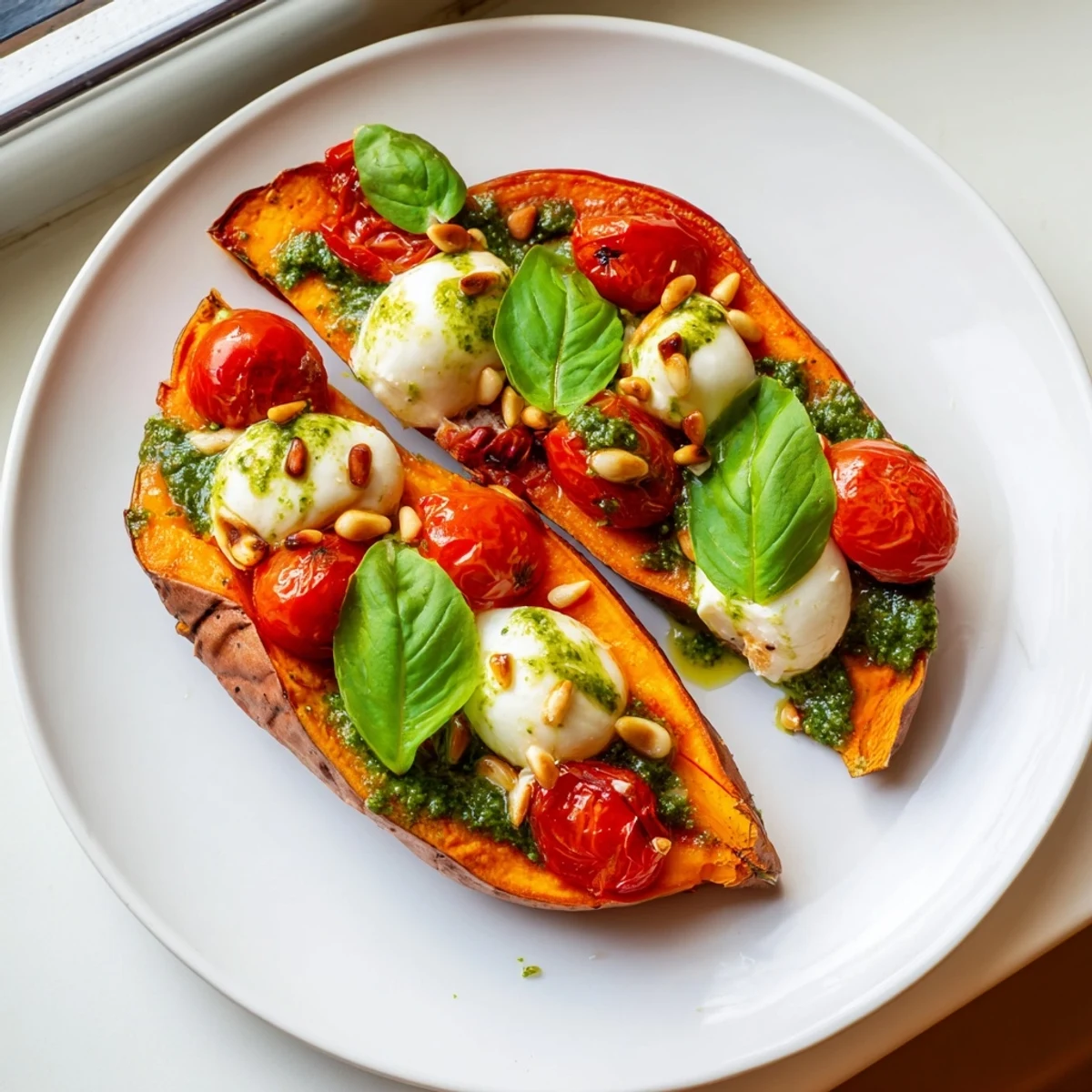 Summer sweet potatoes with tomatoes and mozzarella drizzled in vibrant homemade basil pesto